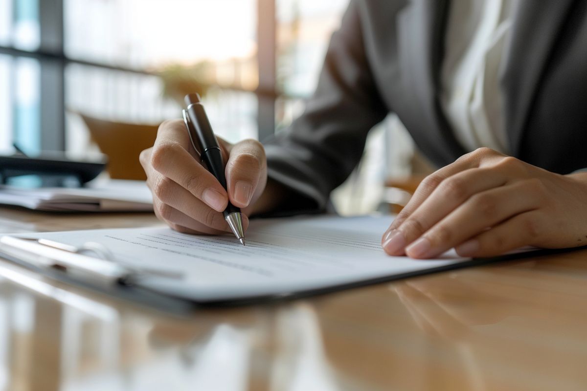 Hands signing an insurance contract for a mortgage in a bank.